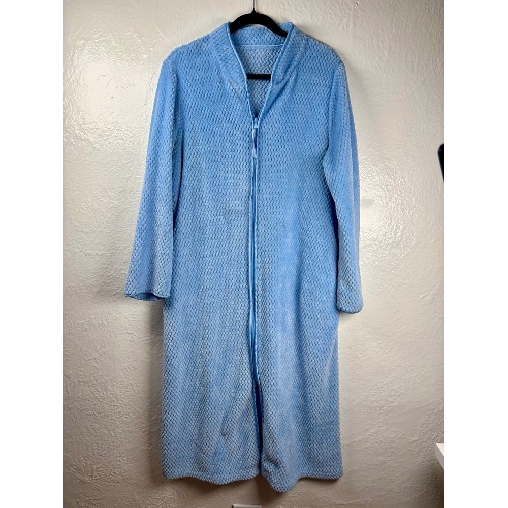 Secret Treasures Blue Fleece Zip Up Bathrobe‎ Women's L Pockets Housecoat Cozy